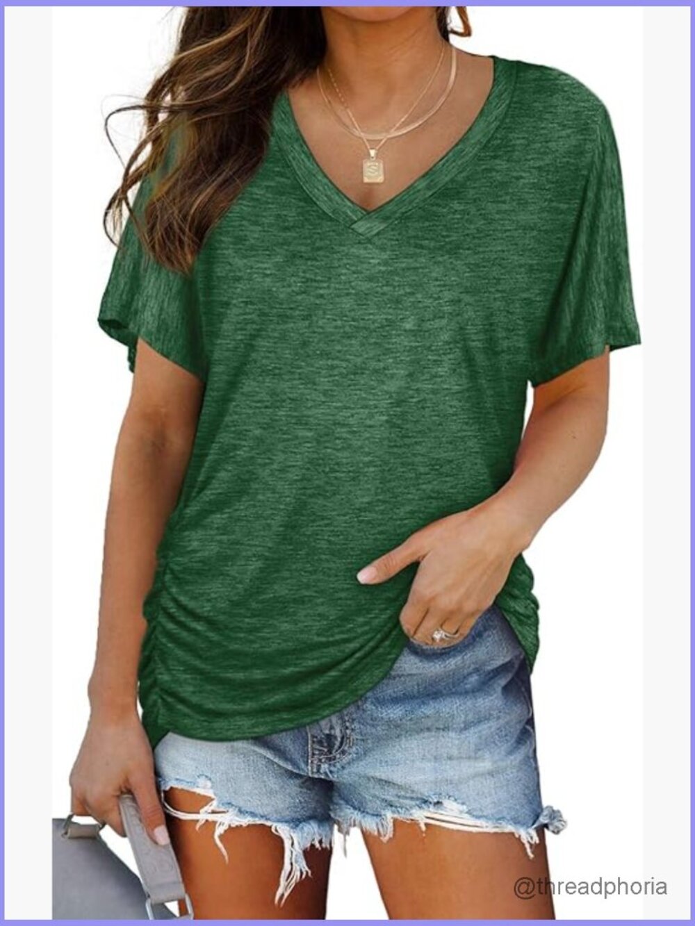 Short Sleeve V Neck Dolman Top with Side Shirring Loose Fit Tunic